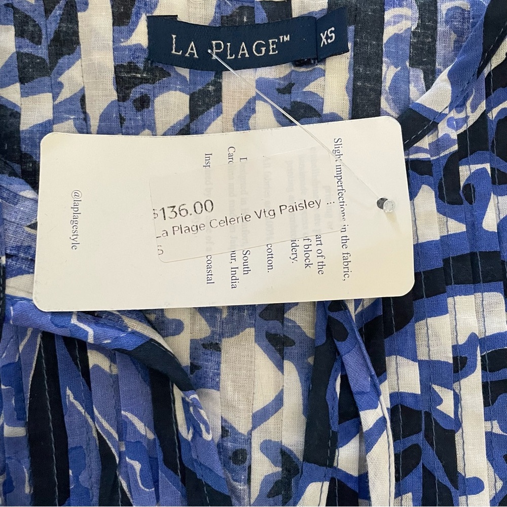 La Plage Celerie Vintage Paisley Blue White Tassel Tie Neck Top Blouse Sz XS NWT - Picture 4 of 8